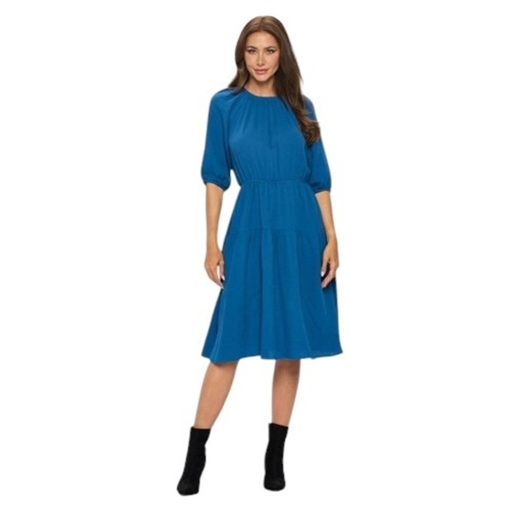Renee C Midi Dress Size XL Blue Tie Back Peasant 100% Cotton Gauze US Made